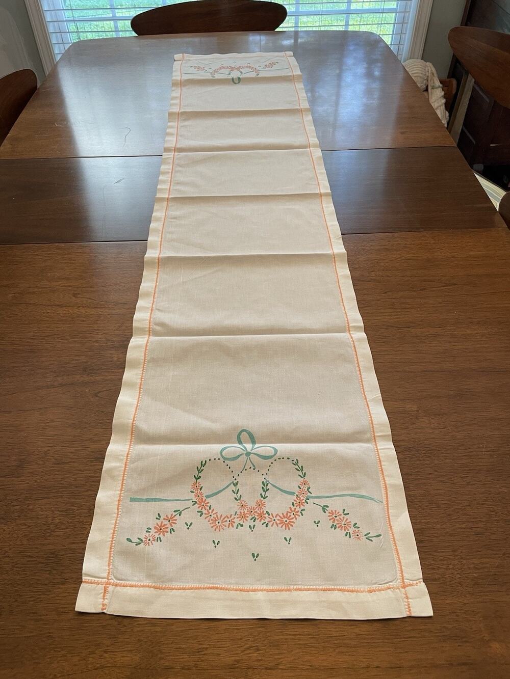 Grandma Core: VintageWhite w/ Aqua&Peach Table Runner 59inx13.5in *flaws* READ